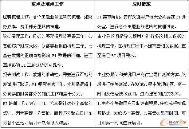 表1 日出東方BI項目重點及難點工作
